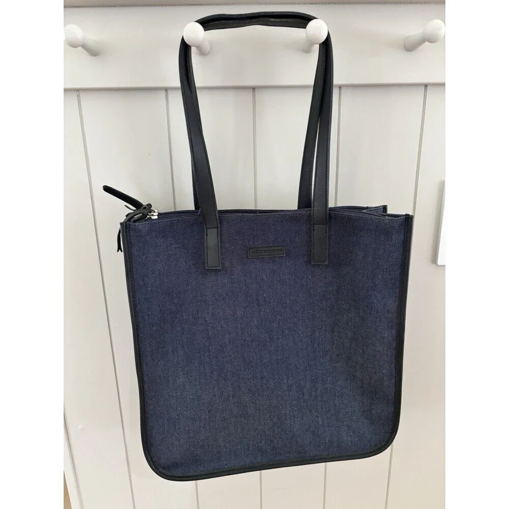 Vtg 90s Liz Claiborne Shoulder Tote Bag Womens Blue Denim Faux Leather Purse